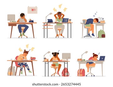 Different primary school children having problems while studying and doing homework, angry, tired, upset. Flat vector illustrations set isolated on white.
