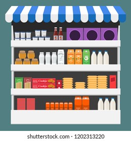 Different Products boxes, packages and bottles on shelf at store. Flat and solid color design.