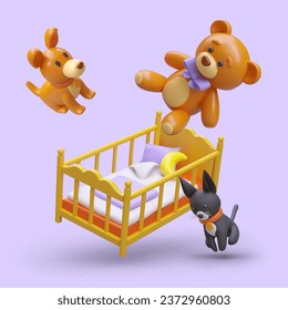 Verschiedene Produkte für Kinder. 3d realistischer Teddybär, süßer Hund und Katze in der Nähe von Babycrib. Schlafzimmer mit Spielzeugkonzept. Vektorgrafik in violetten Farben