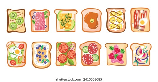 Different products combinations sandwiches. Top view elements, salty and sweet toasts with meat, vegetables, fruits, ingredients, vector set.eps
