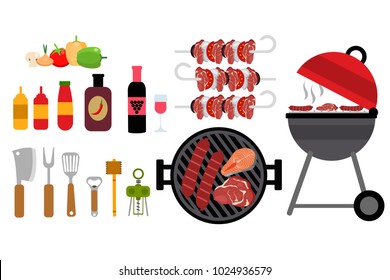 Different products, grill, and utensils for barbecue. Eps vector illustration