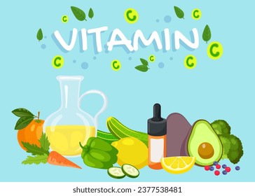 Different products as hyperpigmentation treatment. Vitamin C, avocado, cucumbers, carrot, olive oil. Health, skin care concept