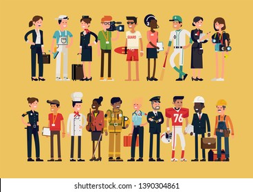 Different profession characters in flat design bundle. Men and women of different careers and jobs line-up. Group portrait of specialists and professionals