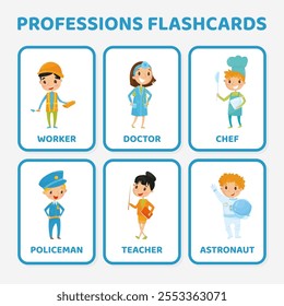 Different Profession Flashcard with Boy and Girl Character Vector Set