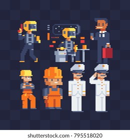 Different profession set. Pixel art 80's style. Men characters. Spacecraft pilot, businessman, builder and captain. Isolated vector illustration.