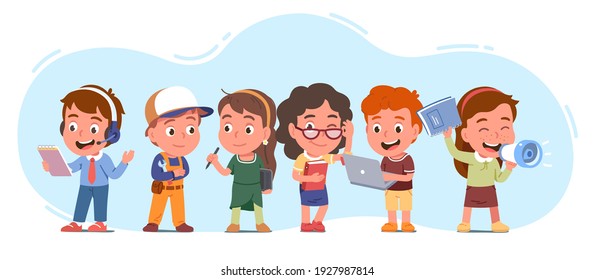 Different profession workers men, women team set. Call center operator, repairman, painter, teacher, journalist, programmer children persons occupations. Employee jobs flat vector illustration