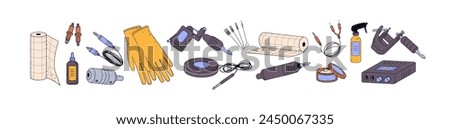 Different professional equipment and accessories for tattoo. Various supplies, tool kit, instruments: machine, needles, gloves, ink jar, spray bottle, rca. Flat isolated vector illustration on white