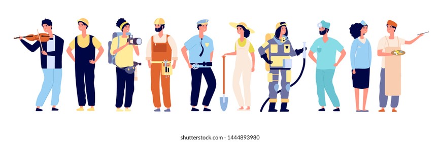 Different professionals. Policeman and fireman, doctor and stewardess, artist and musician, builder. Workers vector characters. Illustration of character fireman and doctor, builder and photographer