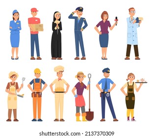 Different professionals. Various occupations in uniform. Isolated cartoon professional workers. Business people, scientist, policeman, decent vector characters