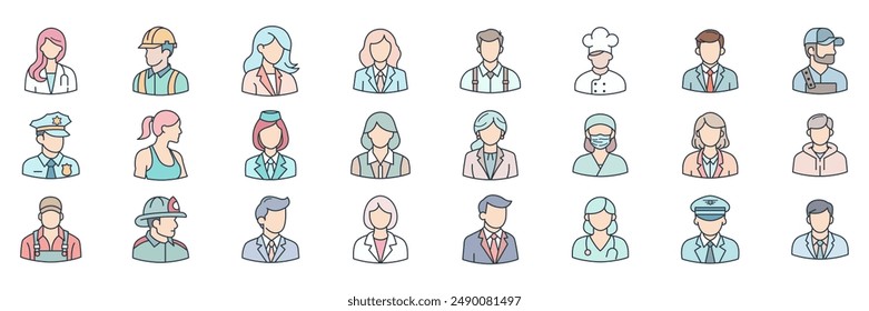 Different professions avatars icons set, Included icons as accountant, chef, teacher, doctor and more symbols collection, logo isolated vector illustration