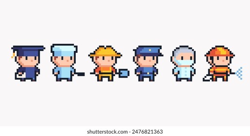 Verschiedene Berufe chibi menschliche Figuren Pixel Art Set. Entzückende kawaii Arzt, Polizei, Feuerwehrmann, Bauer und Koch-Kollektion. Spieleentwicklung, mobiles App. Isolierte Vektorillustration.