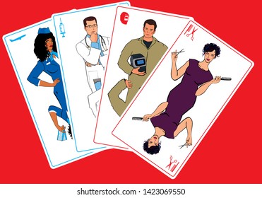 Different professions in the form of playing cards. Stewardess, doctor, welder and hairdresser. The concept of career choice