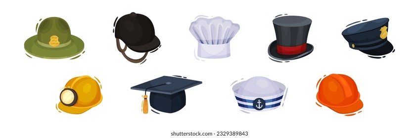 Different Professions Hat and Headdress as Uniform Accessory Vector Set