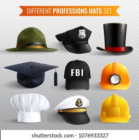 Different professions hats collection on transparent background with nine realistic uniform headgear items with shadows vector illustration
