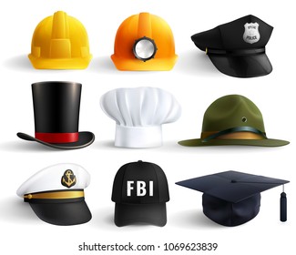 Различные профессии шляпы набор с магистр шляпа шахтер шлем цилиндр шеф-повар ФБР и полицейская глава униформа изолированный векторный иллюстрация