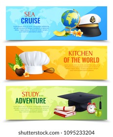 Different professions horizontal banners with realistic hats of captain, cook and student, colorful background isolated vector illustration 