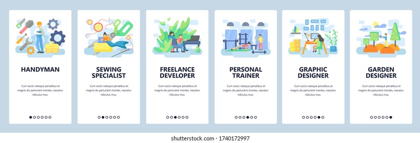 Different professions icon set. Freelance developer, graphic designer, fitness trainer. Mobile app screens. Vector banner template for website and mobile development. Web site design illustration.