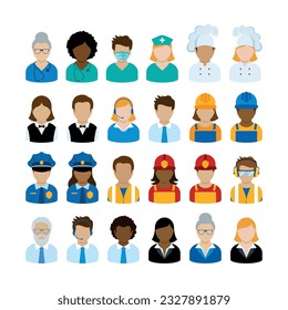 Different professions and jobs icons set in flat style. Professional man and woman occupation icon set vector isolated on a white background. Male and female worker collection
