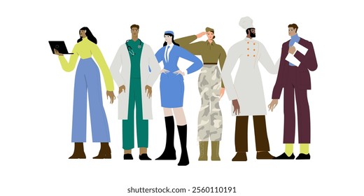 Different professions, jobs. Workers, group portrait. Business person, soldier, doctor, stewardess. Flat vector illustration isolated on white background.