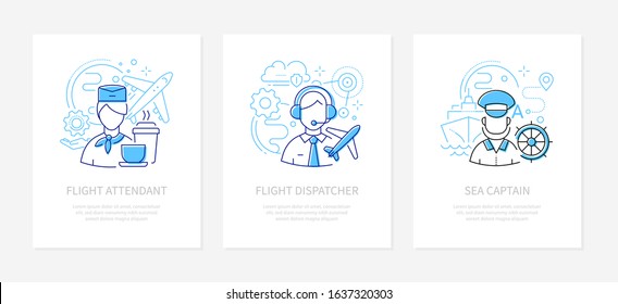 Different professions - line design style banners set with place for text. Flight attendant and dispatcher, sea captain professional. Male, female specialists at work. Transportation, travel industry