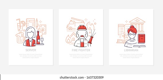 Different professions - line design style banners set with place for text. Server, fire fighter, librarian professions. Male, female specialists with tools. Cafe, safety, education, reading concepts