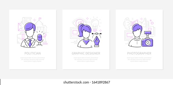 Different professions - line design style banners set with place for text. Politician, graphic designer, photographer images. Male and female specialists, professionals with tools, equipment