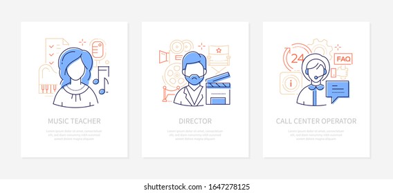 Different professions - line design style banners set with place for text. Music teacher, film director, call center operator professions. Male, female specialists. Technical support, school, cinema