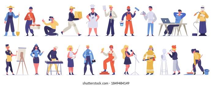Different professions and occupations. Professional workers in uniform, doctor, teacher, chef and IT-specialist. Labor day vector illustration set. Male and female jobs as gardener, painter, sculptor