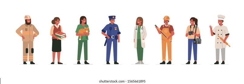 Different Professions People Characters Standing Together. Woman and Man Wearing Professional Uniform. Construction Worker, Doctor, Teacher, Policeman, Fireman. Flat Cartoon Vector Illustration. 
