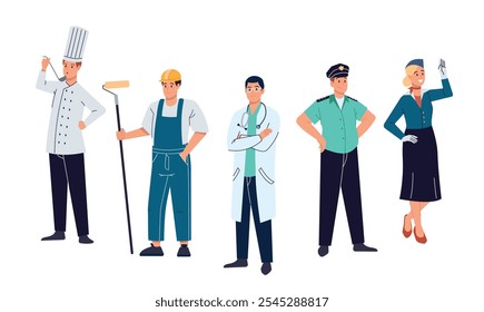 Diferentes Profissões Pessoas Personagens De Pé Juntos. Coleção de homens e mulheres vestindo uniforme profissional - trabalhador de construção, médico, chef, policial, aeromoça. Vetor de desenho animado plano