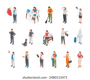 Different professions people in uniform. Isometric professionals wear working clothes. Policeman seaman manager and dog trainer, flawless vector set