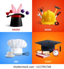 Different professions realistic design concept hats of cook, builder, conjurer, student with work tools isolated vector illustration