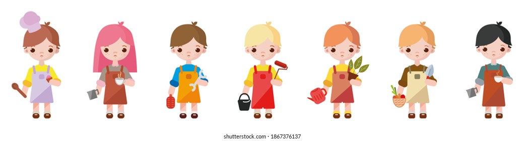 Different professions are represented by cute children. Vector illustration. Little children representing different occupations