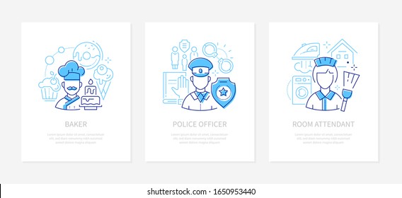 Different professions and services - line design style banners set with place for text. Baker, police officer, room attendant in the hotel images. Male and female specialists, workers, professionals