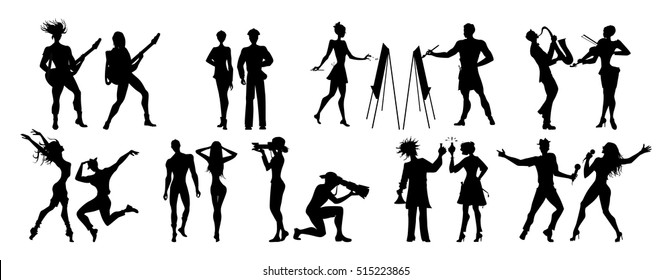 Different professions set. Isolated black silhouettes on white background. All kinds of professional activities as teacher, doctor, firefighter and more.