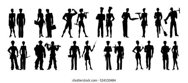 Different professions set. Isolated black silhouettes on white background. All kinds of professional activities as teacher, doctor, firefighter and more.