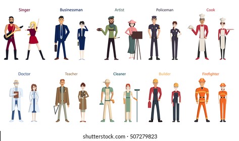 Different professions set. Isolated cartoon characters on white background. All kinds of professional activities as teacher, doctor, firefighter and more.