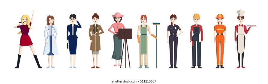 Different professions set. Isolated cartoon characters on white background. All kinds of professional activities as teacher, doctor, firefighter and more.