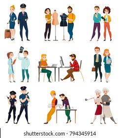 Different professions set of isolated doodle style human characters representing different profession in appropriate uniform vector illustration