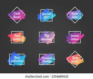 different promo letterings. stock vector illustrations with painted gradient brush strokes over square, rhombus, rectangle frames for advertising labels, stickers, banners, leaflets, tags, posters