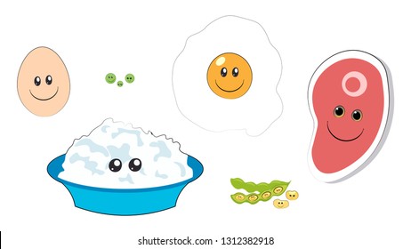 Different protein foods smiling together.   Smiling foods with faces: meat, eggs, cottage cheese, soy beans, peas