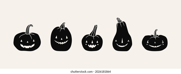 Different Pumpkins. Main symbol of the happy holiday of Halloween.  Black pumpkins with various funny faces. Template For your design. Hand drawn trendy Vector illustration. All elements are isolated