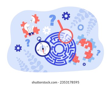 Different puzzles under magnifier vector illustration. Lightbulb and human brain puzzle, maze with compass for problem-solving. Critical thinking, emotional intelligence concept