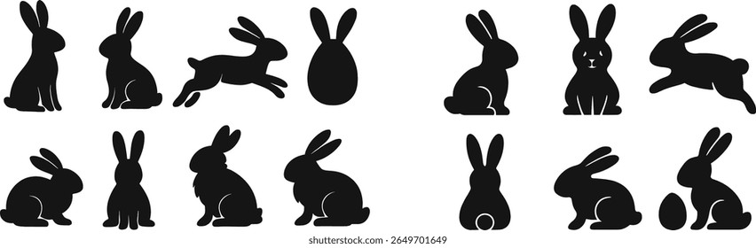Different rabbit silhouettes display various poses and movements, capturing the essence of spring and joyful activities.
