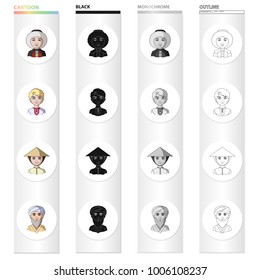 Different race of Eskimos, Russian, Chinese, Central Asia . The human race set collection icons in cartoon black monochrome outline style vector symbol stock illustration web.