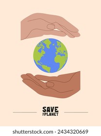 Verschiedene Rennhände halten Erde Globus Poster, Banner. Den Planeten retten, die Erde schützen, Umweltprobleme, die Natur gemeinsam retten Konzept. Earth Day Vektor-Logo, Icon-Illustration