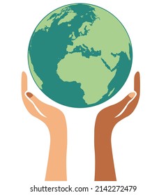 different race hands holding globe, human hands with different colors of skin holding the planet earth, protect the planet and save the world, nature, peace, equality, earth day and life concept