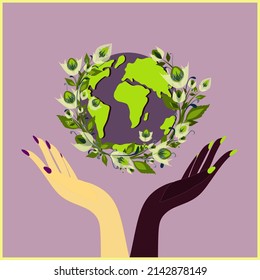 Different race hands holding globe. Earth day concept. Saving the planet together. Globe framed by a floral wreath. Modern colorful vector illustration cartoon flat style.