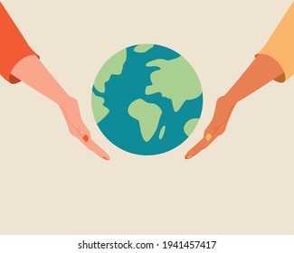 Distintas manos raciales sostienen el globo, la tierra. Feliz Día de la Tierra. Salvemos el planeta, el medio ambiente, el mundo juntos. Comunidad de manos internacionales. Moderna ilustración vectorial colorida caricatura de estilo plano.