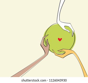 Different race human hands peacefully holding green planet Earth. Mindfullness, ecology, awareness, conscious lifestyle concept.